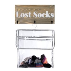 NEW Rustic Wooden “Lost Socks”Sign with Three Hooks and One Transparent Bag